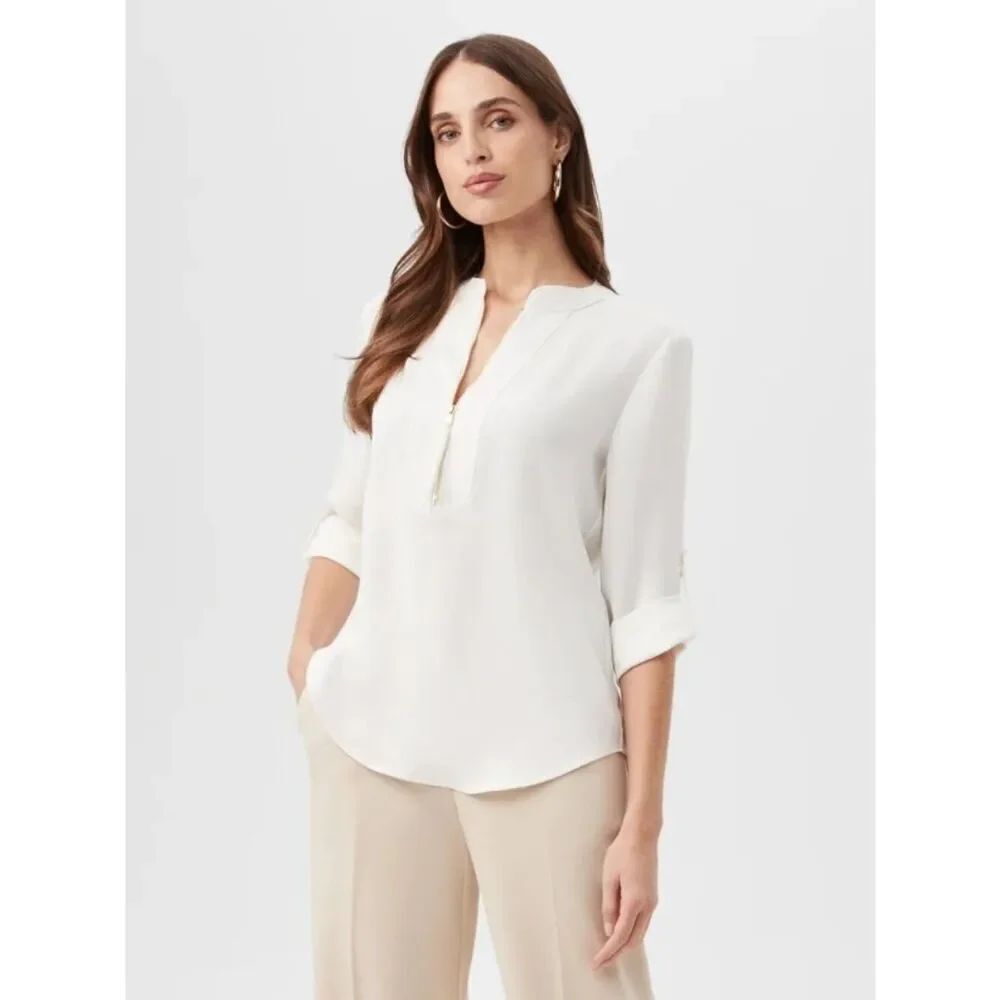 NWT Trina Turk Ivory Kaiko Half Zip 3/4 Sleeve Blouse in Size XL
